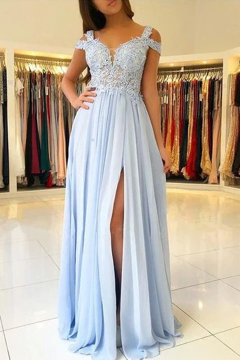 Draped Off-the-shoulder Lace Prom Dresses with Chiffon Skirt