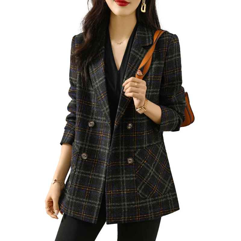 Wholesale High-quality Winter Thick Plaid Tweed Coat Women Dropship Vintage Office Lady Style Jacket Fashion Outwear Blazer