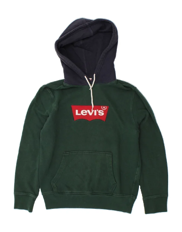 LEVI'S Mens Graphic Hoodie Jumper Small Green Colourblock Cotton