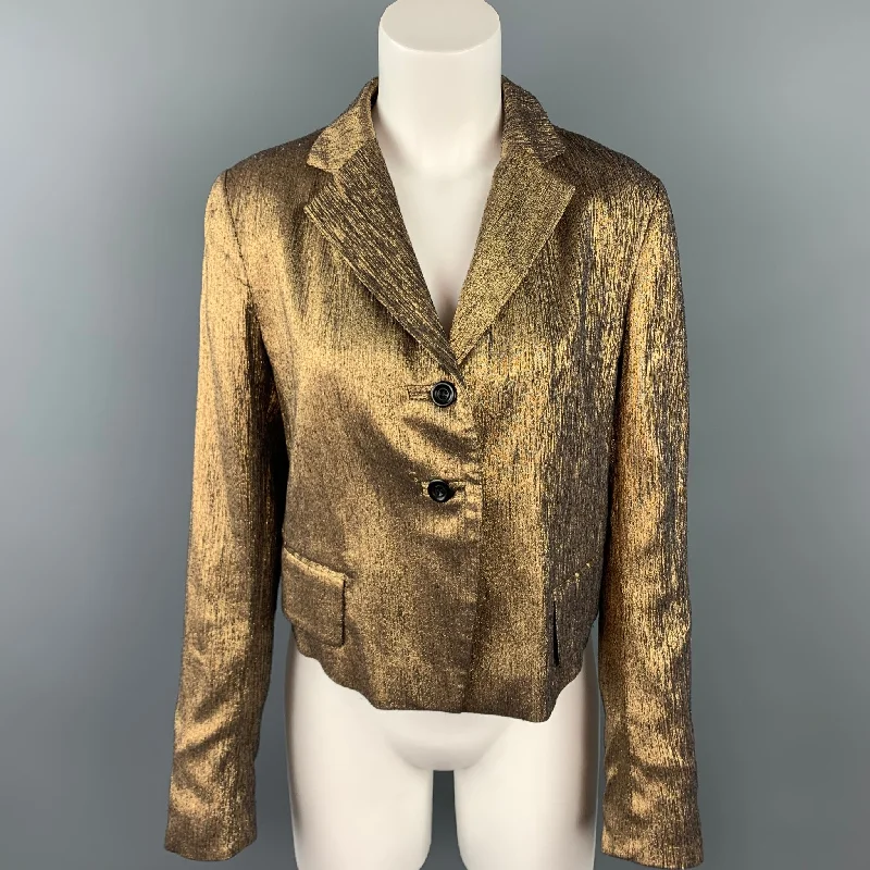 DRIES VAN NOTEN Size 10 Gold Textured Silk Blend Jacket Blazer