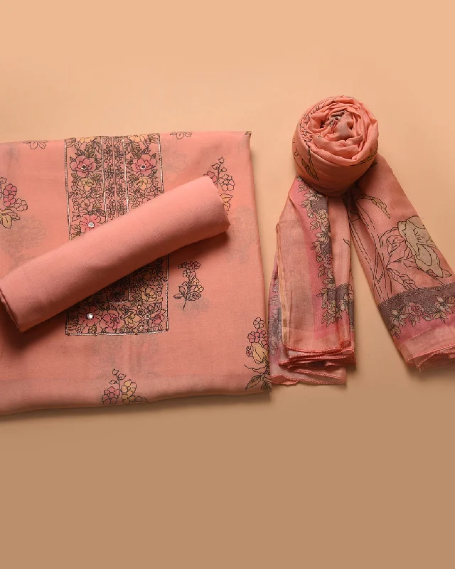 Peach Muslin Blend Printed Unstitched Suit Fabric Set With Muslin Dupatta