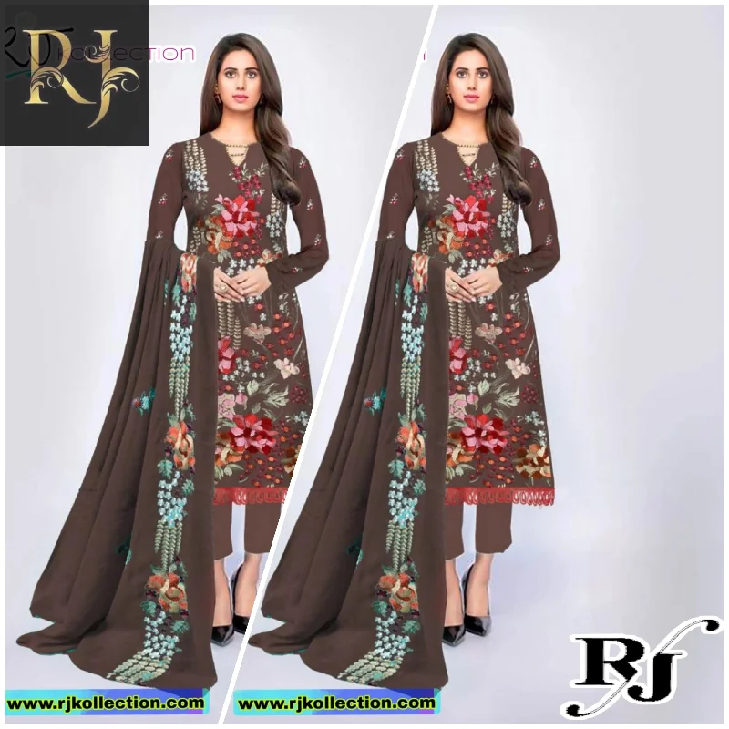 Dark Brown Embroidered Women's 3-Piece Linen Suit By RJ Kollection