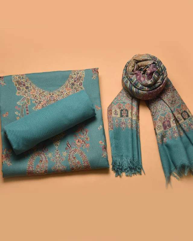 Turquoise Winter Wear Wool Spun Blend Woven Jamdaani Unstitched Suit Fabric Set With Wool Spun Blend Stole