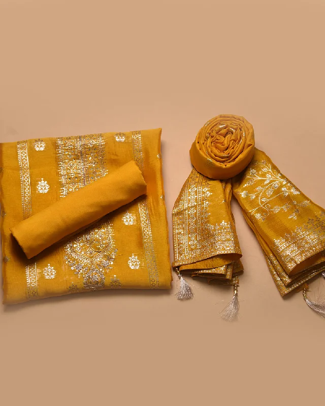 Yellow Organza Blend Woven With Embroidery Unstitched Suit Fabric Set With Oraganza Woven Dupatta